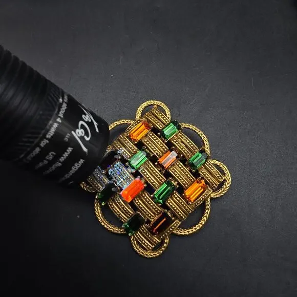 Florenza Fall Color Rhinestone Brooch Basket Weave Gold Tone Vintage Jewelry - Picture 4 of 10